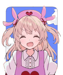 Rule 34 | &gt; &lt;, 1girl, :d, ^ ^, apron, blonde hair, blue sky, center frills, closed eyes, cloud, collared dress, commentary, dress, facing viewer, fang, frills, hair ornament, happy, hat, heart, heart print, long hair, natori sana, nurse cap, open mouth, pink apron, pink hat, puffy short sleeves, puffy sleeves, rabbit hair ornament, sana channel, short sleeves, sky, smile, solo, two side up, upper body, v-shaped eyebrows, virtual youtuber, white dress, youasato