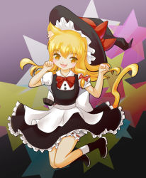 Rule 34 | 1girl, :3, absurdres, animal ears, apron, blonde hair, bloomers, boots, bow, cat ears, cat tail, gradient background, hair bow, hat, hat ribbon, heart, heart-shaped pupils, highres, jumping, kemonomimi mode, kirisame marisa, legs folded, long hair, looking at viewer, mika (lilith31), mini-hakkero, open mouth, paw pose, ribbon, skirt, skirt set, solo, star (symbol), starry background, symbol-shaped pupils, tail, touhou, underwear, waist apron, witch hat, yellow eyes