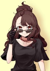 Rule 34 | 10s, 1girl, alternate costume, asymmetrical bangs, brown hair, glasses, gloves, highres, jewelry, kagari atsuko, little witch academia, long hair, necklace, removing eyewear, shirt, simple background, solo, v-shaped eyebrows, wavy hair, yellow background
