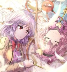 Rule 34 | 2girls, bow, bowtie, braid, brown jacket, eyeball, closed eyes, feathers, frills, hairband, heart, jacket, kishin sagume, komeiji satori, lipstick, looking at another, lying, makeup, medium hair, multiple girls, on back, on side, open clothes, open jacket, open mouth, pink hair, red eyes, red neckwear, silver hair, smile, third eye, touhou, y2