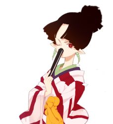 Rule 34 | 1girl, black hair, blunt bangs, bright pupils, doremi, earrings, folding fan, hand fan, holding, holding fan, inuyasha, japanese clothes, jewelry, kagura (inuyasha), kimono, long sleeves, looking at viewer, one eye closed, pointy ears, red eyes, simple background, solo, upper body, white background, wide sleeves