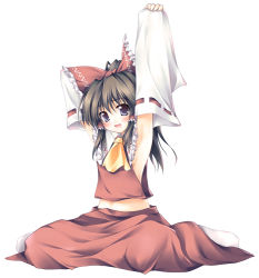 Rule 34 | 1girl, armpits, arms up, bow, breasts, brown hair, detached sleeves, female focus, hair bow, hakurei reimu, japanese clothes, miko, short hair, sideboob, sitting, small breasts, solo, tateha (marvelous grace), touhou