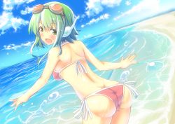 Rule 34 | 1girl, :d, absurdres, ass, back, bad id, bad pixiv id, beach, bikini, blush, butt crack, day, dutch angle, from behind, goggles, goggles on head, green eyes, green hair, gumi, headphones, highres, leaning forward, looking back, matching hair/eyes, nahu, ocean, open mouth, outdoors, short hair, side-tie bikini bottom, smile, solo, swimsuit, vocaloid, water, wet