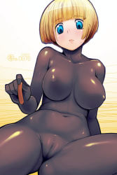Rule 34 | 1girl, blonde hair, blue eyes, blunt bangs, blush, bodysuit, breasts, cameltoe, character request, cleft of venus, clenched hands, collarbone, covered erect nipples, covered navel, holding, kei jiei, large breasts, looking at viewer, midriff, see-through, shiny clothes, short hair, skin tight, solo, spread legs, uncensored