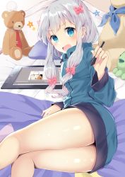 Rule 34 | 10s, 1girl, ass, bad id, bad pixiv id, bed, bed frame, bed sheet, blue eyes, blush, bow, drawing tablet, eromanga sensei, female focus, hair bow, holding, izumi sagiri, jacket, legs, long hair, long sleeves, looking at viewer, low-tied long hair, lying, necktie, on bed, on side, open mouth, pillow, pinb, pink bow, shiny skin, silver hair, solo, star (symbol), stuffed animal, stuffed octopus, stuffed toy, stylus, teddy bear