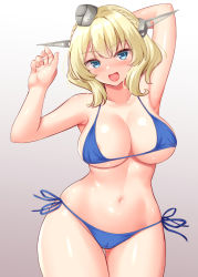 Rule 34 | 1girl, :d, areola slip, arm behind head, bikini, blonde hair, blue bikini, blue eyes, breasts, cameltoe, cleft of venus, colorado (kancolle), gradient background, grey background, hand up, headgear, kantai collection, large breasts, navel, open mouth, short hair, side-tie bikini bottom, smile, solo, swimsuit, tokyo yamane