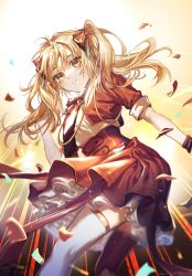 Rule 34 | 1girl, ahoge, arknights, blonde hair, commentary request, confetti, feet out of frame, highres, jumaodajituizi, long hair, looking at viewer, miniskirt, official alternate costume, petticoat, pinecone (arknights), pinecone (sing a song) (arknights), red shirt, red skirt, shirt, short sleeves, skirt, skirt set, solo, twintails, yellow eyes