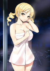 Rule 34 | 1girl, blonde hair, blush, breasts, city, cityscape, cleavage, drill hair, highres, indoors, jiji (aardvark), large breasts, long hair, mahou shoujo madoka magica, mahou shoujo madoka magica (anime), naked towel, night, smile, solo, tomoe mami, towel, twin drills, twintails, window, yellow eyes