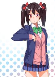 Rule 34 | 10s, 1girl, black hair, blazer, blue skirt, blush, bow, bowtie, cardigan, engawa (rarenago), green bow, hair bow, highres, jacket, love live!, love live! school idol project, open jacket, open clothes, open jacket, plaid, plaid skirt, pleated skirt, polka dot, polka dot background, red bow, red eyes, school uniform, short hair, skirt, solo, twintails, white background, yazawa nico