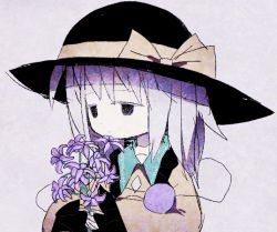 Rule 34 | 1girl, black eyes, black hat, child, colored eyelashes, female focus, flat chest, flower, frilled shirt, frilled sleeves, frills, grey background, grey hair, half-closed eyes, hands up, hat, hat ribbon, holding, holding flower, komeiji koishi, long hair, long sleeves, lotosu, muted color, own hands together, parted lips, purple flower, ribbon, shirt, sidelocks, simple background, sketch, solo, third eye, touhou, upper body, wide sleeves, yellow ribbon, yellow shirt