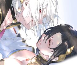 Rule 34 | 1boy, 1girl, 91007, black hair, breasts, choker, cleavage, cleavage cutout, clothing cutout, fire emblem, fire emblem engage, hair between eyes, hair ornament, jewelry, looking at another, necklace, nel (fire emblem), nintendo, open mouth, rafal (fire emblem), red eyes, short hair, small breasts, smile, white background, white hair