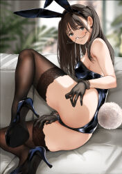 Rule 34 | 1girl, animal ears, ass, black leotard, blush, breasts, chinatsu (tsukino wagamo), closed mouth, couch, fake animal ears, fake tail, glasses, gloves, hands on own ass, high heels, highleg, highleg leotard, highres, leotard, long hair, looking at viewer, medium breasts, mole, mole under mouth, on couch, original, plant, playboy bunny, rabbit ears, rabbit tail, rimless eyewear, sideboob, solo, spread legs, strapless, strapless leotard, tail, thighhighs, thighs, tsukino wagamo, twintails