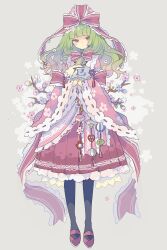 Rule 34 | 1girl, adapted costume, black pantyhose, blunt bangs, bow, cherry blossoms, closed mouth, commentary request, frilled bow, frilled ribbon, frills, front ponytail, full body, green eyes, green hair, hand fan, highres, holding, holding fan, japanese clothes, kagiyama hina, kimono, long hair, long sleeves, looking at viewer, mary janes, nikorashi-ka, pantyhose, pink kimono, pink ribbon, pink skirt, red footwear, ribbon, ribbon-trimmed sleeves, ribbon trim, shoes, skirt, solo, touhou, wide sleeves
