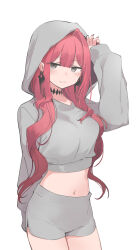 Rule 34 | 1girl, baobhan sith (fate), blush, breasts, cropped sweater, earrings, fang, fate/grand order, fate (series), grey eyes, grey shorts, grey sweater, highres, hirunagi, hood, hooded sweater, jewelry, large breasts, long hair, long sleeves, looking at viewer, midriff, navel, pink hair, pointy ears, shorts, sidelocks, solo, sweater, thighs