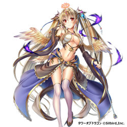 Rule 34 | 1girl, absurdres, blonde hair, blush, breasts, bridal gauntlets, cleavage, detached sleeves, earrings, feathered wings, female focus, highres, jewelry, large breasts, long hair, looking at viewer, navel, original, red eyes, simple background, solo, staff, thighhighs, tower of dragon, twintails, underboob, very long hair, violetshit, white background, white thighhighs, white wings, wings