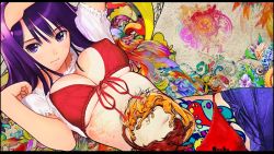Rule 34 | 1girl, amaterasu (ookami), bikini, breasts, cameltoe, cleavage, denim, covered erect nipples, female focus, front-tie top, highres, jeans, jpeg artifacts, large breasts, long hair, lying, open clothes, panties, pants, purple eyes, purple hair, side-tie bikini bottom, side-tie panties, snyp, solo, swimsuit, tan, tanline, tattoo, third-party edit, tony taka, underboob, underwear, wallpaper, watermark