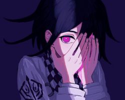 Rule 34 | 1boy, black hair, blue background, checkered clothes, checkered scarf, danganronpa (series), danganronpa v3: killing harmony, flipped hair, hands on own face, jacket, long sleeves, looking at viewer, male focus, nail polish, oma kokichi, purple eyes, renshu usodayo, scarf, short hair, simple background, solo, upper body, white jacket