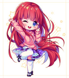 Rule 34 | 1girl, ;d, arm up, artist name, black footwear, blue eyes, blunt bangs, blush, borrowed character, chibi, commission, full body, hyanna-natsu, leg up, long hair, long sleeves, off-shoulder, off-shoulder sweater, off shoulder, one eye closed, open mouth, original, pink sweater, plaid, plaid skirt, purple skirt, red hair, round teeth, shoes, skirt, smile, solo, standing, standing on one leg, star (symbol), striped, sweater, tareme, teeth, thighhighs, very long hair, white thighhighs
