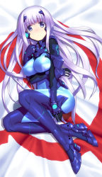 Rule 34 | 1girl, blue eyes, bodysuit, breast hold, breasts, flag, from above, inia sestina, long hair, lying, muv-luv, muv-luv alternative, muv-luv total eclipse, on side, pilot suit, purple hair, shiny clothes, solo, very long hair