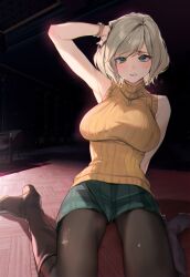 Rule 34 | 1girl, absurdres, ashley graham, bob cut, boots, breasts, green eyes, highres, jewelry, large breasts, light brown hair, milin (orange maru), necklace, orange shirt, pantyhose, resident evil, resident evil 4, resident evil 4 (remake), shirt, sitting, skirt, sleeveless, sleeveless turtleneck, solo, tearing up, torn clothes, turtleneck, wariza