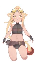 Rule 34 | 1girl, animal ear fluff, animal ears, bare shoulders, belt, belt buckle, black gloves, blonde hair, brown belt, brown eyes, buckle, closed mouth, copyright request, cropped legs, fingerless gloves, forehead, gloves, gluteal fold, goggles, goggles on head, groin, high ponytail, highres, long hair, looking at viewer, lyanon, navel, ponytail, short eyebrows, simple background, sleeveless, smile, solo, thick eyebrows, very long hair, white background