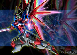 Rule 34 | afterimage, beam sword, commentary, destiny gundam, destiny gundam spec ii, energy sword, energy wings, glowing, green eyes, gundam, gundam seed, gundam seed destiny, gundam seed freedom, highres, holding, holding sword, holding weapon, light particles, mecha, mobile suit, no humans, robot, science fiction, shimashun, solo, sparkle, spoilers, sword, twitter username, weapon