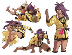 Rule 34 | 2boys, arm behind back, barefoot, black shirt, black shorts, closed mouth, commentary request, creatures (company), dark-skinned male, dark skin, floating hair, frown, game freak, hand up, highres, jacket, knee pads, korean commentary, leon (pokemon), long hair, male focus, martial arts, master dojo uniform, multiple boys, nintendo, pokemon, pokemon swsh, ponytail, redlhzz, sash, shirt, shorts, simple background, sleeves past elbows, squatting, toes, white background, yellow jacket, zipper pull tab