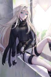 Rule 34 | 1girl, ammunition pouch, an-94 (girls&#039; frontline), aqua eyes, broken window, girls&#039; frontline, glass, gloves, hairband, highres, jacket, jacket on shoulders, long hair, looking at viewer, mask, mask around neck, platinum blonde hair, pouch, qb 516, shorts, sitting, tactical clothes, thighs, tree, window, windowsill