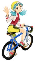 Rule 34 | 1990s (style), 1girl, assfruit, bicycle, blue hair, creatures (company), game freak, hat, kris (pokemon), looking at viewer, nintendo, pokemon, pokemon gsc, retro artstyle, sitting, smile, twintails