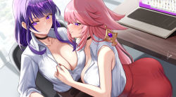 Rule 34 | 2girls, absurdres, alternate costume, ass, bent over, black choker, black skirt, blunt bangs, blush, breasts, chair, choker, cleavage, collared shirt, commentary, computer, contemporary, desk, english commentary, furrowed brow, genshin impact, highres, laptop, large breasts, leaning on person, long hair, looking at another, looking at viewer, multiple girls, nail polish, office chair, office lady, pantylines, parted lips, pencil skirt, pink hair, piukute062, purple eyes, purple hair, raiden shogun, raised eyebrows, red skirt, shirt, signature, sitting, skirt, sleeveless, sleeveless shirt, sleeves rolled up, smile, swivel chair, white shirt, yae miko, yuri