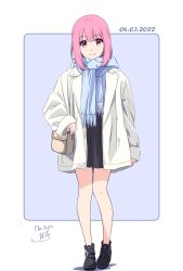 Rule 34 | 1girl, arm at side, bag, bare legs, black footwear, black skirt, blue background, blue scarf, boots, border, buckle, carrying bag, closed mouth, coat, commentary, dated, fringe trim, full body, heart, heart-shaped buckle, high-waist skirt, highres, long hair, looking at viewer, miniskirt, nii manabu, open clothes, open coat, original, outside border, pink eyes, pink hair, scarf, shadow, shoulder bag, signature, simple background, skirt, sleeves past wrists, smile, solo, split mouth, standing, thigh gap, white border, white coat, winter clothes, yellow bag