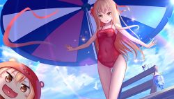 Rule 34 | 10s, 2girls, animal costume, beach umbrella, blonde hair, blush stickers, brown eyes, casual one-piece swimsuit, chibi, doma umaru, drinking straw, dual persona, frilled swimsuit, frills, hamster costume, heart, heart in mouth, himouto! umaru-chan, hood, komaru (himouto! umaru-chan), kotori photobomb, long hair, multiple girls, one-piece swimsuit, open mouth, sparkle, swimsuit, umbrella, wangchuan de quanyan