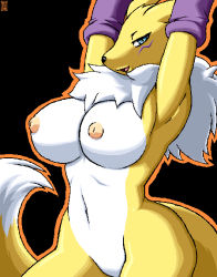 Rule 34 | 1girl, arms up, artist request, black background, blue eyes, breasts, digimon, digimon (creature), fox, furry, furry female, inverted nipples, looking at viewer, navel, nipples, nude, open mouth, orange outline, outline, outstretched arms, pixel art, renamon, simple background, smile, solo, tail