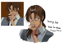 Rule 34 | 1boy, brown eyes, brown hair, collared shirt, glasses, gregor (project moon), hand up, limbus company, long hair, looking at viewer, low ponytail, male focus, msx (mis4xi), necktie, parted bangs, parted lips, project moon, red necktie, reference inset, shirt, simple background, solo, upper body, vellmori, white background, white shirt