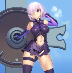 Rule 34 | 1girl, armor, bad id, bad pixiv id, breasts, cloud, day, elbow gloves, fate/grand order, fate (series), gloves, gluteal fold, hair over one eye, large breasts, mash kyrielight, navel, pink hair, purple eyes, purple hair, short hair, skindentation, solo, thighhighs, thighs, tsukikanade, type-moon