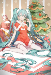 Rule 34 | 1girl, absurdly long hair, aqua eyes, aqua hair, bell, candy, candy cane, choker, christmas, christmas tree, food, full body, gift, hatsune miku, jingle bell, long hair, neck bell, nine (liuyuhao1992), open mouth, red footwear, santa costume, shoes, sitting, solo, thighhighs, twintails, very long hair, vocaloid, wariza, white thighhighs