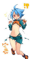 Rule 34 | !?, 10s, 1boy, blue hair, blush, fingerless gloves, future card buddyfight, gameplay mechanics, gloves, kantai collection, male focus, navel, open mouth, parody, red eyes, ryuuenji tasuku, simple background, solo, thigh gap, tobi (one), torn clothes, translated, trap, white background, wide hips