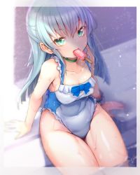 Rule 34 | 1girl, aqua eyes, arms at sides, border, bow, breasts, casual one-piece swimsuit, character request, choker, collarbone, copyright request, covered navel, doyouwantto, food, food in mouth, frilled one-piece swimsuit, frilled swimsuit, frills, from above, grey border, grey hair, legs together, long hair, looking at viewer, medium breasts, mouth hold, one-piece swimsuit, popsicle, signature, soaking feet, solo, swimsuit, thighs, wet, wet hair, wrist cuffs
