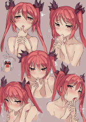 Rule 34 | 2girls, angry, blush, chibi, chibi inset, cking, cthugha (nyaruko-san), finger in another&#039;s mouth, finger sucking, haiyore! nyaruko-san, licking, licking finger, long hair, multiple girls, nude, nyarlathotep (nyaruko-san), red eyes, red hair, sexually suggestive, sweatdrop, tongue, translated, twintails, upper body, walzrj