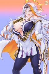 1girl alternate_breast_size baldr_(fire_emblem) breasts bursting_breasts cape fire_emblem fire_emblem_heroes halo heterochromia huge_breasts impossible_clothes multicolored_hair nintendo orange_hair pantyhose revolverwing solo sword thick_thighs thighs two-tone_hair weapon white_hair