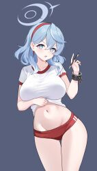 Rule 34 | 1girl, absurdres, ako (blue archive), alternate costume, blue archive, blue eyes, blue hair, blue halo, breasts, buruma, clothes lift, coke0502, commentary, cowboy shot, cuffs, grey background, groin, gym shirt, gym uniform, hair between eyes, hairband, halo, hand up, highres, holding, holding pen, large breasts, lifting own clothes, light blush, looking at viewer, medium hair, navel, parted lips, pen, red buruma, red hairband, shackles, shirt, shirt lift, short sleeves, simple background, solo, thigh gap, v-shaped eyebrows, white shirt