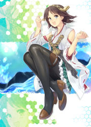 Rule 34 | 10s, 1girl, bare shoulders, black pantyhose, blue eyes, brown hair, detached sleeves, haineru, hairband, headgear, hiei (kancolle), japanese clothes, kantai collection, nontraditional miko, open mouth, pantyhose, personification, plaid, short hair, skirt, smile, solo, water