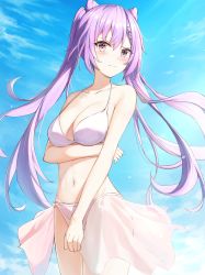 Rule 34 | 1girl, absurdres, bare arms, bikini, blue sky, blush, braid, breast hold, breasts, cleavage, closed mouth, cone hair bun, cowboy shot, day, double bun, frown, furrowed brow, genshin impact, hair bun, halterneck, highres, keqing (genshin impact), long hair, looking at viewer, medium breasts, navel, outdoors, purple eyes, purple hair, see-through, see-through skirt, sidelocks, skirt, sky, solo, standing, stomach, swimsuit, twintails, zeroillya