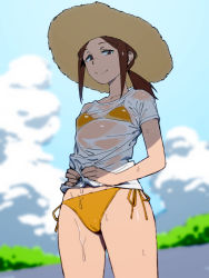 Rule 34 | 1girl, absurdres, bikini, blue sky, blurry, blurry background, brown eyes, brown hair, brown hat, closed mouth, cloud, cloudy sky, commentary, cowboy shot, day, depth of field, half-closed eyes, hands on own stomach, hat, highres, houkago teibou nisshi, kuroiwa yuuki, looking at viewer, medium hair, no pants, onsen tamago (hs egg), outdoors, ponytail, see-through, shirt, short hair, side-tie bikini bottom, sidelocks, sky, smile, solo, standing, sun hat, swimsuit, t-shirt, wet, wet clothes, wet shirt, white shirt, yellow bikini