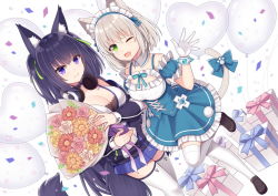 Rule 34 | 2girls, ;d, animal ear fluff, animal ears, balloon, black footwear, black hair, black jacket, blue bow, blue dress, blue sleeves, bouquet, bow, box, breasts, cat ears, cat girl, cat tail, cleavage, cleavage cutout, closed mouth, clothing cutout, collar, commentary request, confetti, detached collar, detached sleeves, dress, fang, flower, fox ears, fox girl, fox tail, frilled dress, frills, gift, gift box, green eyes, grey hair, guild cq, hair between eyes, headphones, headphones around neck, heart balloon, hitsuki rei, itou yuna, jacket, loafers, long sleeves, maid headdress, medium breasts, multiple girls, hugging object, one eye closed, open mouth, puffy short sleeves, puffy sleeves, purple eyes, quon tama, shoes, short sleeves, sleeves past wrists, smile, standing, standing on one leg, tail, tail bow, tail ornament, thighhighs, two side up, virtual youtuber, white background, white collar, white legwear, wing collar