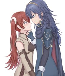 Rule 34 | 2girls, absurdres, armor, blue eyes, blue gloves, blue hair, blush, brown gloves, cape, commentary, detached sleeves, fingerless gloves, fire emblem, fire emblem awakening, gloves, hand on another&#039;s chin, haniwa (8241427), height difference, highres, long hair, looking at another, lucina (fire emblem), multiple girls, nintendo, red eyes, red hair, severa (fire emblem), shoulder armor, tiara, twintails, white background, yuri
