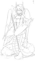 Rule 34 | 1girl, absurdres, ahoge, aztec, bad deviantart id, bad id, bare shoulders, beamed sixteenth notes, blush, breasts, brooch, broom, cleavage, corset, cross-laced clothes, detached collar, dust, feathered wings, frills, full body, greyscale, hair ornament, highres, holding, humming, jewelry, lamia, less, light smile, lineart, long pointy ears, medium breasts, miniskirt, monochrome, monster girl, monster girl encyclopedia, multiple wings, musical note, original, pleated skirt, pointy ears, quetzalcoatl (less), quetzalcoatl (mythology), scales, shadow, short hair, simple background, sketch, skirt, smile, snake tail, solo, spoken musical note, sweeping, tail, wings