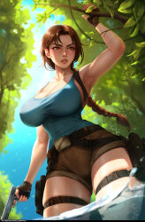 Rule 34 | 1girl, arm up, armpits, backlighting, black gloves, blue sky, blue tank top, braid, breasts, brown eyes, brown hair, brown lips, brown shorts, cleavage, commentary, english commentary, fingerless gloves, forest, from below, gloves, gun, handgun, highres, holding, holding gun, holding weapon, holster, lara croft, large breasts, long hair, luminyu, nature, no eyewear, shorts, single braid, sky, sleeveless, solo, tank top, taut clothes, thick eyebrows, thigh holster, tomb raider, trigger discipline, weapon