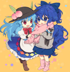 Rule 34 | 2girls, adjusting scarf, apron, black headwear, blue bow, blue eyes, blue hair, blue skirt, blush stickers, boots, bow, bowtie, brown footwear, commentary request, food, fruit, full body, grey sweater, hair between eyes, hat ornament, hinanawi tenshi, juliet sleeves, long hair, long sleeves, messy hair, multiple girls, open mouth, peach, pink legwear, pink scarf, puffy sleeves, red bow, red bowtie, red eyes, scarf, shirt, skirt, smile, stuffed animal, stuffed cat, stuffed toy, sweater, tomobe kinuko, touhou, white shirt, winter clothes, yellow background, yorigami shion