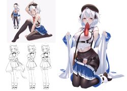 Rule 34 | 1girl, belt, beret, black headwear, blouse, blue skirt, blush, boots, bra, breasts, bright pupils, cameltoe, closed mouth, coat, collared shirt, concept art, crotch cutout, full body, harness, hat, highres, kneeling, large breasts, long sleeves, looking at viewer, midriff, mouth hold, multiple views, navel, necktie, off shoulder, open clothes, open coat, original, panties, panties under pantyhose, pantyhose, red bra, red eyes, red necktie, see-through, see-through shirt, shirt, short hair, skirt, sleeveless, sleeveless shirt, tied shirt, torn clothes, torn legwear, two side up, underwear, white coat, white panties, white pupils, white shirt, xintianou